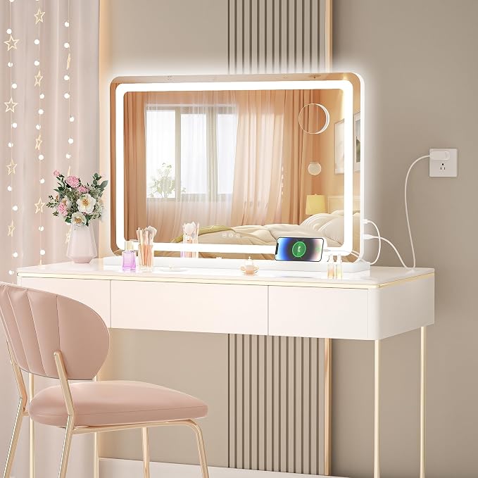 Hasipu Vanity Mirror with Lights, 31.5" x 20" LED Makeup Mirror, Lighted Makeup Mirror with Dimmable 3 Modes, Touch Screen Control Vanity Mirror Round White