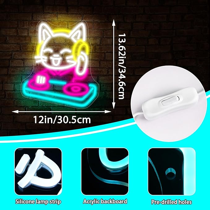 DJ Cat Neon Sign for Wall Decor Dimmable DJ Cat Neon Light for Man Cave Music Birthday Gifts for Lovers LED Rock Sign for Music Room Record Studio Bedroom Bar Party 13.6 * 11.8In (WZCP220)