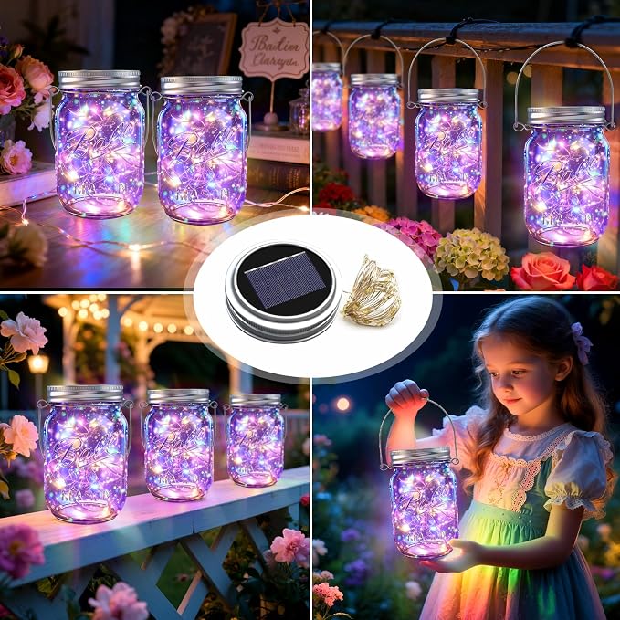 Solar Mason Jar Lights, 12 Pack 30 LED(NO Jars) Firefly Fairy String Lights, Waterproof Outdoor Solar Mason Jar Lid Lights with Hangers for Patio Garden Yard Wedding Decoration - Multicolor