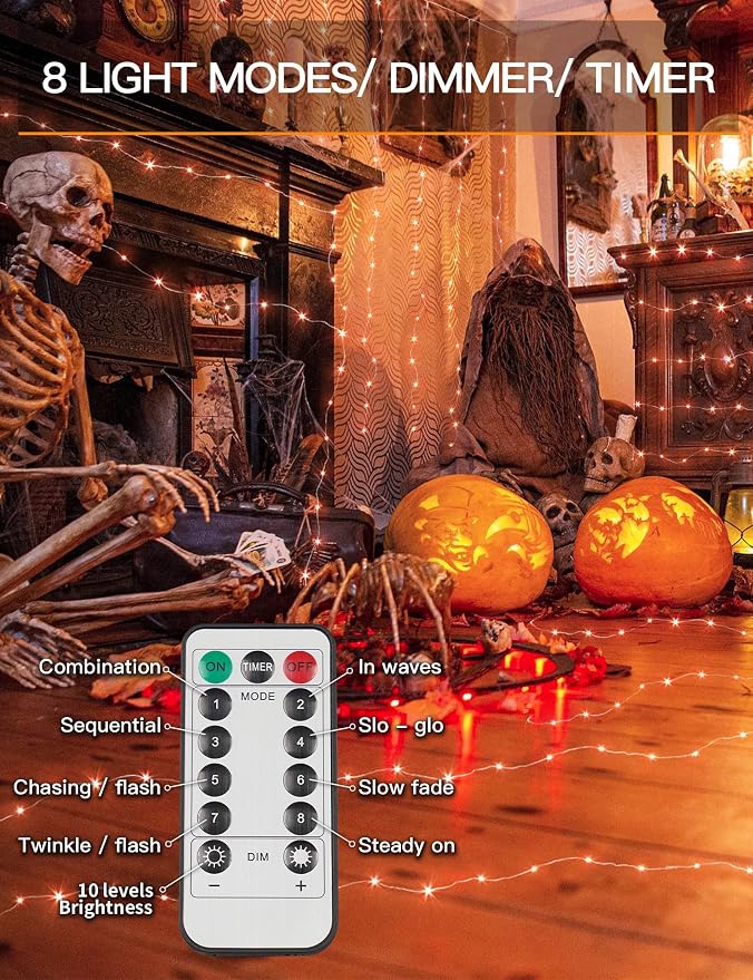 Halloween Lights Battery Operated, 33ft 100 LED Orange String Lights for Outside Decorations Waterproof, Fairy Lights with Timer and Remote for Party, Yard, Outdoor, Tree, Wedding, Rroom Decor