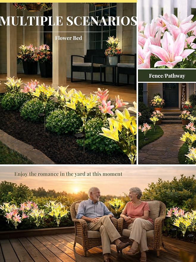 GIGALUMI Solar Garden Lights, 4 Pack LED Lily Solar Flower Lights Outdoor | Garden Decor Carefree Artificial Flowers Lily, 3 Lighting Mode, Yard Decorations, Gardening Gifts (1Yellow, 1White,2Pink)