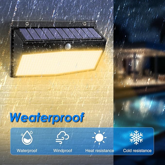 368 LED Solar Motion Sensor Lights Outdoor, Solar Fence Lights with 3 Lighting Modes, Solar Powered Security Lights Waterproof for Outside Yard Wall Garden Backyard Step, Warm White