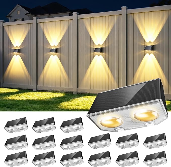 LANSOW Solar Fence Lights Outdoor 16 Pack, Fence Lights Solar Powered Waterproof, 10-Mode Warm/Cool/Neutral White & RGB, Up-Down Led Wall Lights Dusk to Dawn Decor for Yard, Deck, Patio, Pool, Railing