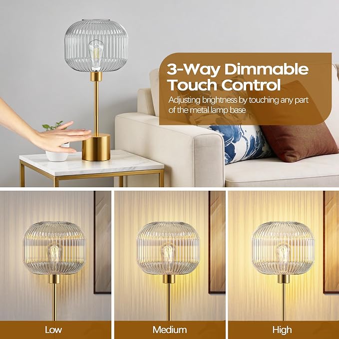 Glass Table Lamp for Living Room, Modern Gold Clear Bedroom Bedside Lamp | LED Bulb Included, Large Ribbed Glass Shade, 3-Way Dimmable, Touch Control, Brushed Gold, Nightstand Lamp, 2700K Warm Light