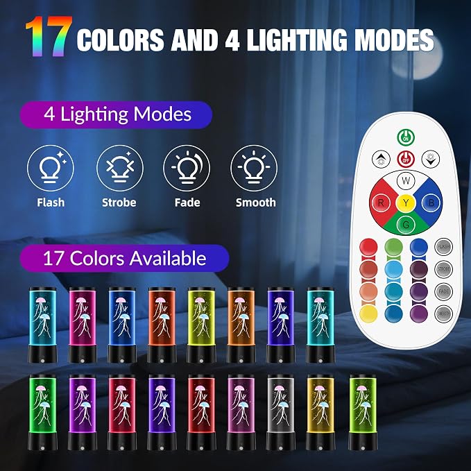 Mini Jellyfish Lamp with Remote, 17 RGB Colors & 4 Lighting Modes, Silent Water Flow Aquarium Night Light, USB-C or Battery Powered Decorative Mood Lamp for Home & Office