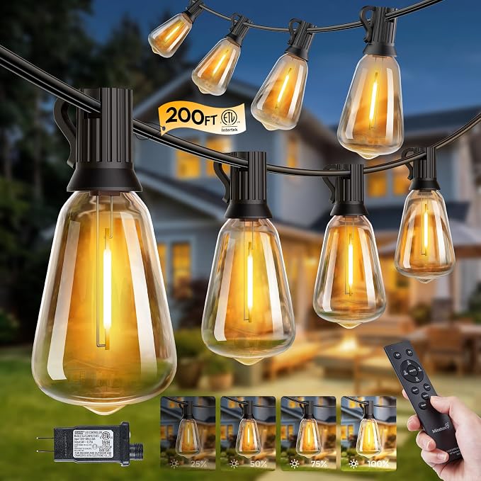 Minetom 200FT Outdoor String Lights with Remote, ST38 Patio Lights Dimmable | Waterproof LED Christmas Lights with 3 Modes, Shatterproof Connectable Outside Lights for Backyard Porch Deck Garden Decor
