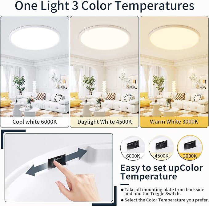 MOONSEA Dimmable Flush Mount Ceiling Light 16 Inch Kitchen Fixture | 3000K/4500K/6000K , 28W 2800LM, 0.71 in Low Profile Ceiling, Brightness Dimmable with Dimmer, Installation Takes 20 minutes