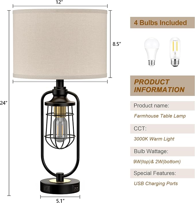 Table Lamps for Living Room Set of 2, Farmhouse Lamps for Night Stands, Industrial Bedside Lamps for Bedroom End Table with USB A+C, Bulbs Included