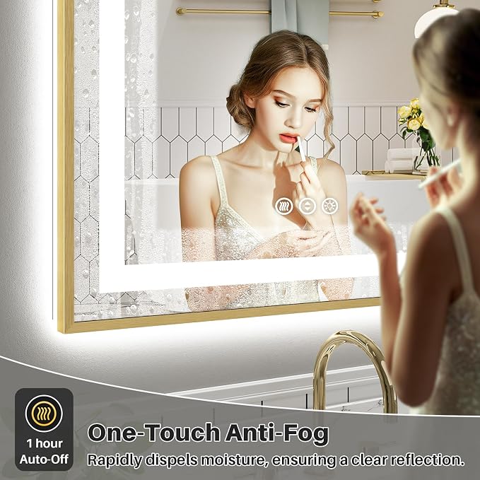88x38 Inch LED Bathroom Mirror with Gold Frame, Backlit & Front Lit | Anti-fog, 3 Color Dimmable, Memory Function, HD Reflection Tempered Glass, ETL Listed, IP54 Waterproof