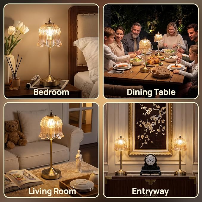Flower Battery Operated Rechargeable Lamp Cordless, Tulip, Amber | Small, Vintage, Gold, Wireless, LED, Dimmable, Table, Home Decor, Bedroom, Bedside, Nightstand, Birthday Gifts for Women