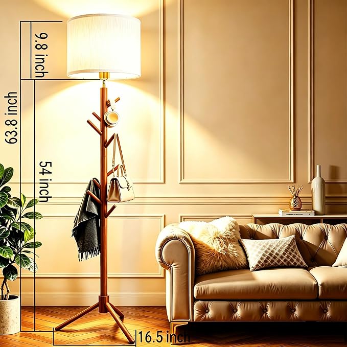 Floor Lamp with Coat Rack, 2-in-1 Entryway Tall Lamp 3 Color Dimmable 78.8" Standing Lamps with 6 Hooks & Triangular Base for Living Room Corner, Bedroom, Small Apartments & Foyers