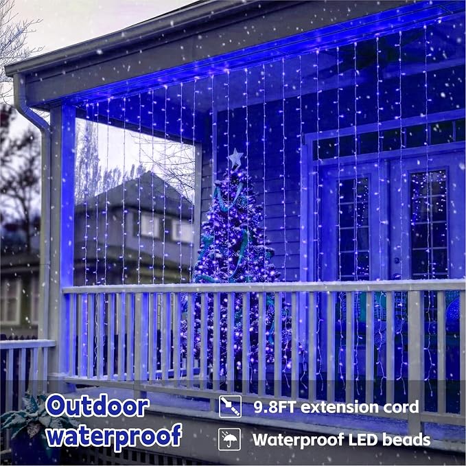 Curtain String Light, 200LED 6.6x6.6ft, Remote & 8 Modes, USB | Window Wall Hanging String Lights, For Bedroom, Wedding, Party, Home, Garden and Indoor Decorations, Blue