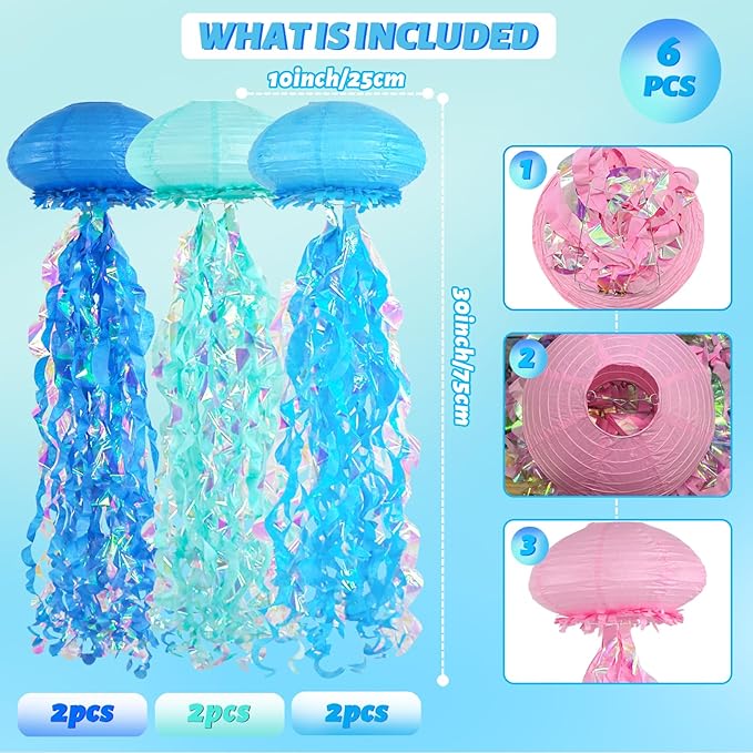 ADLKGG Jellyfish Paper Lanterns, Under The Sea Party Decorations, 6pcs Hanging Jelly Fish for Mermaid Ocean Themed Birthday Party Decorations, Baby Shower Classroom Decor (Blue）