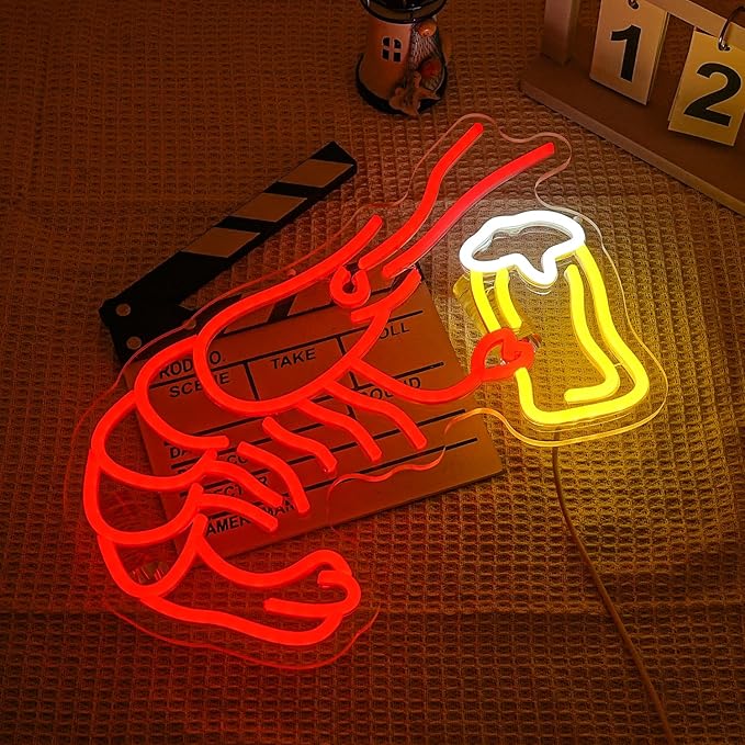 Shrimp Beer Neon Sign for Wall Decor Lobster Neon Light Bar Led Signs Red Shrimp Neon Light Up Sign for Bar Bedroom Shop Kitchen Mall Decoration
