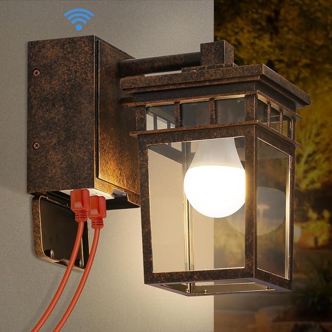 Dusk to Dawn Outdoor Lighting, Porch Light with GFCI Outlet and LED Bulb | Exterior Wall Fixture with Clear Glass Shade, Waterproof Outside Lights for House Garage Front Door, Antique Bronze