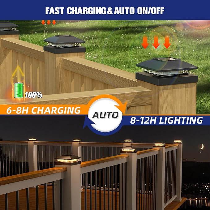 APONUO Solar Post Cap Lights for 4x4 Posts - IP64 Waterproof, 3000K LED, No-Wire Fence Lights & Deck Lights for Patio Garden Yard Patio, Black-Warm White, 12 Pack