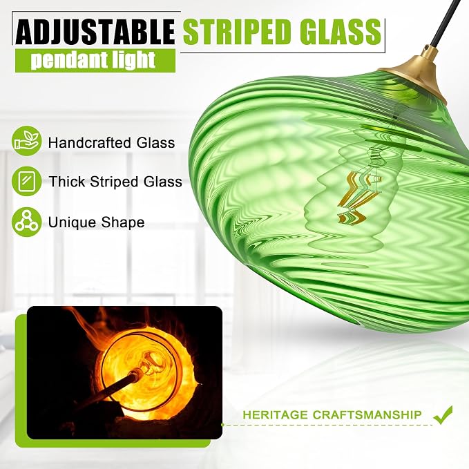 11in Gold Pendant Lights Kitchen Island with Green Glass Shade 1Pack | Handcrafted Glass Pendant Light Fixtures, UL Certified, E26 Base 100W Max, Height-Adjustable, Dimmable Hanging Pendant Light