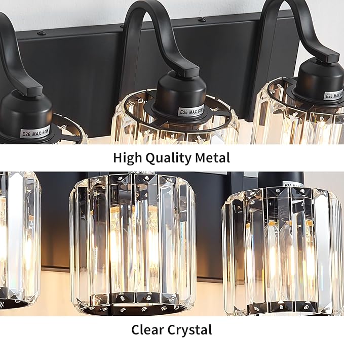 Black 4 Light Fixtures Bathroom Vanity Light Crystal Modern Vanity Over Mirror for Bathroom with Crystal Round Shade (Exclude Bulb)