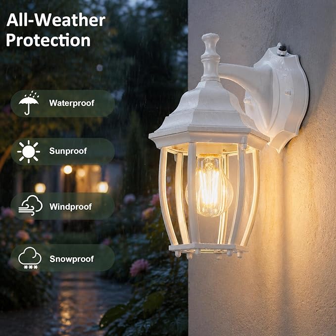 Outdoor Wall Light Fixture, Rustproof Aluminum, Glass | Dusk to Dawn Large Exterior Porch Light Wall Sconce Lantern for House, Patio, Garage, Waterproof, E26 Socket 60W Max, White