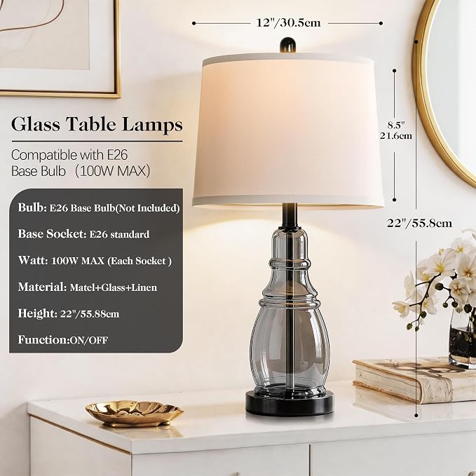 ROTTOGOON Glass Table Lamp Set of 2, Modern Table Lamps for Living Room Bedroom, Bedside Desk Lamps Vintage Nightstand Lamps with Linen Shades, 22", Black