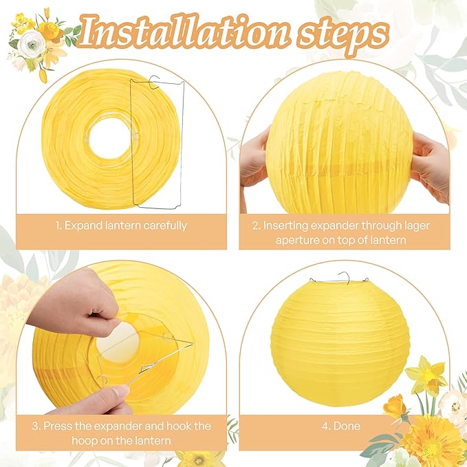12 Pcs Yellow Paper Lanterns, 10" Hanging Paper Lanterns, Yellow Party Decorations for Engagement Wedding Sunshine Birthday Party Classroom Home Decor
