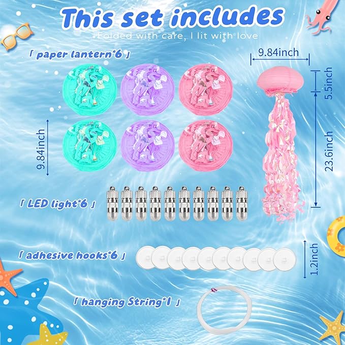 Jellyfish Paper Lanterns with LED Lights Set of 6, Lilac/Pink/Turquoise Oval Hanging Floating Decorations for Under The Sea Party Mermaid Birthday Ocean Classroom Beach Room Aesthetic