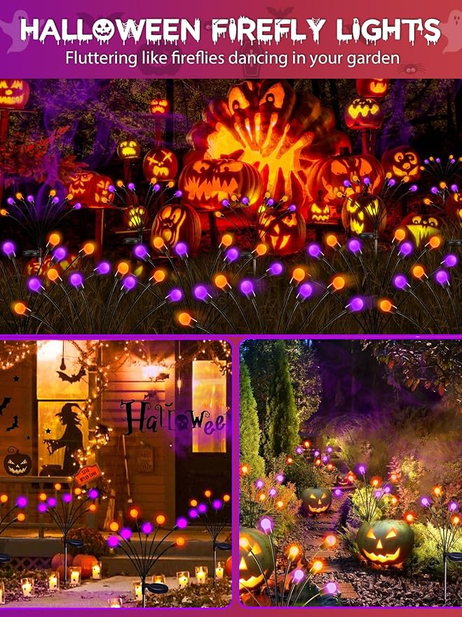 Halloween Decorations Outdoor Solar Firefly Lights 6 Pack Orange Purple | 2 Lighting Modes, Auto On/Off, 48 LED Sway with Wind, Waterproof Halloween Cpreepy Decor for Outside Graveyard Garden Pathway
