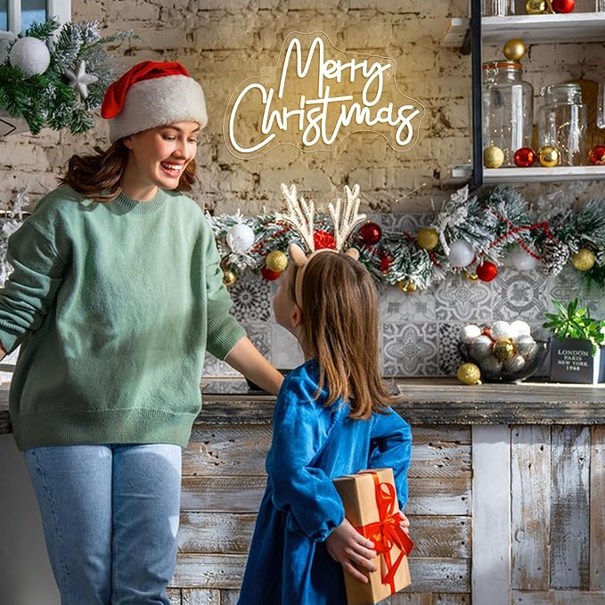 Merry Christmas Neon Sign, Warm White Christmas Neon Signs for Wall Decor, Dimmable Switch Neon Sign with Acrylic Board, Art Wall Decorative Night Light for Indoor Party Kids Bedroom Wedding Bar Pub Club Decor