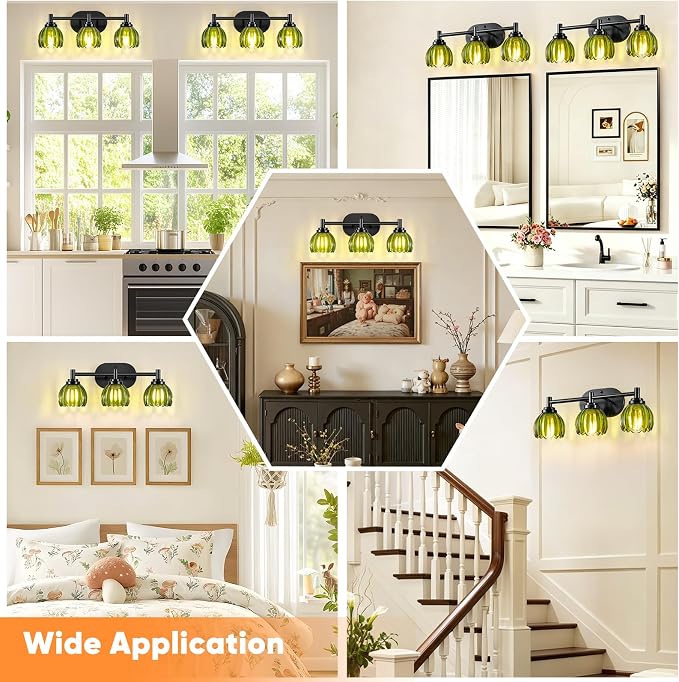Bathroom Vanity Light, 3-Light Vanity Lighting Fixtures with Green Tulip Glass Shade, Modern Bathroom Wall Mount Lamp, Black Vanity Lights Over Mirror for Living Room, Hallway, Cabinet, Porch
