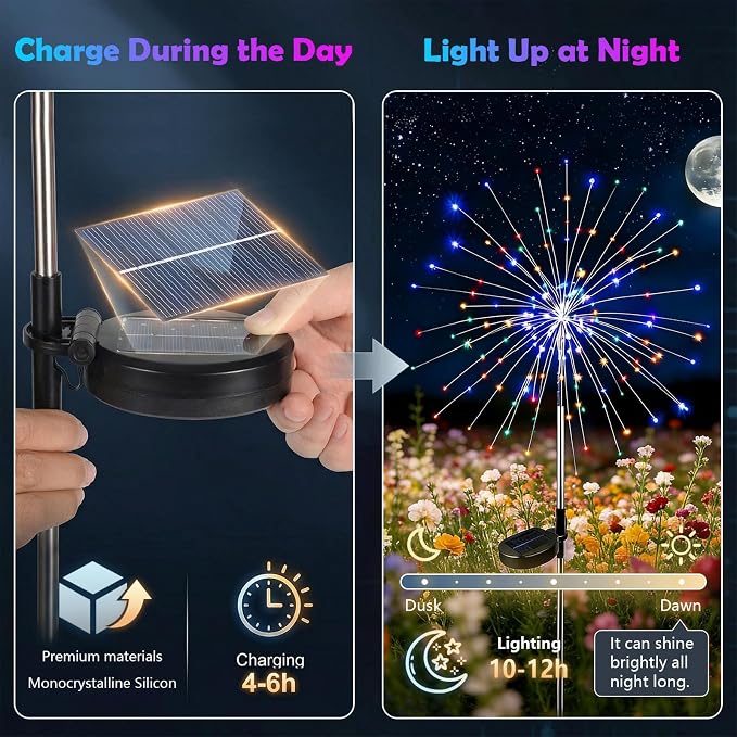 6-Pack Solar Firework Lights for Outside Waterproof Garden Fairy Lights | Adjustable 32"-51" tall, 200 LED stainless steel stake starburst lights with 8 modes for pathway patio decorations.