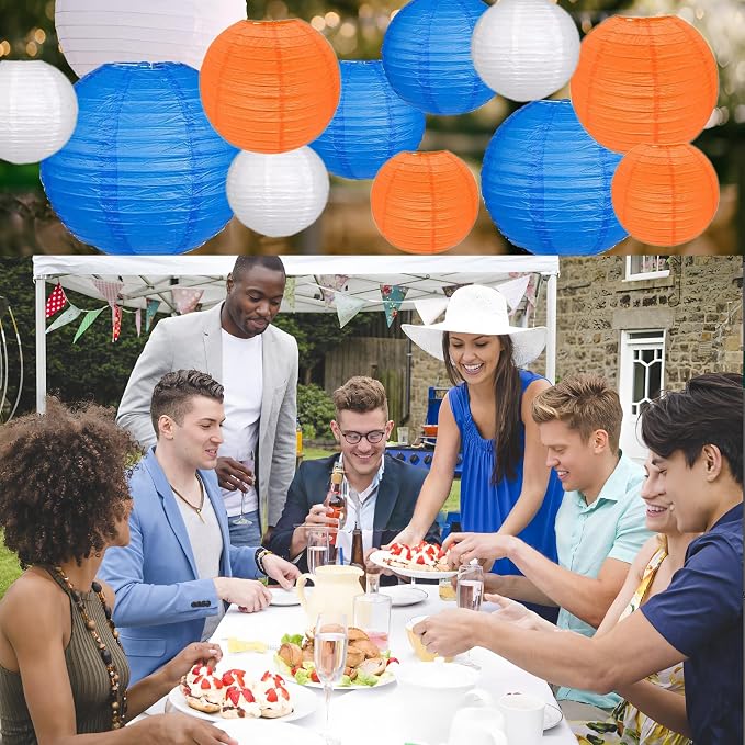 12Pcs Paper Lanterns 6”, 8”, 10”, 12”,Paperlanterns Party Decoration, Blue Orange White Paper Lanterns for Wedding, Bridal, Birthday, Outdoor, Home, Garden, Holiday and Party.