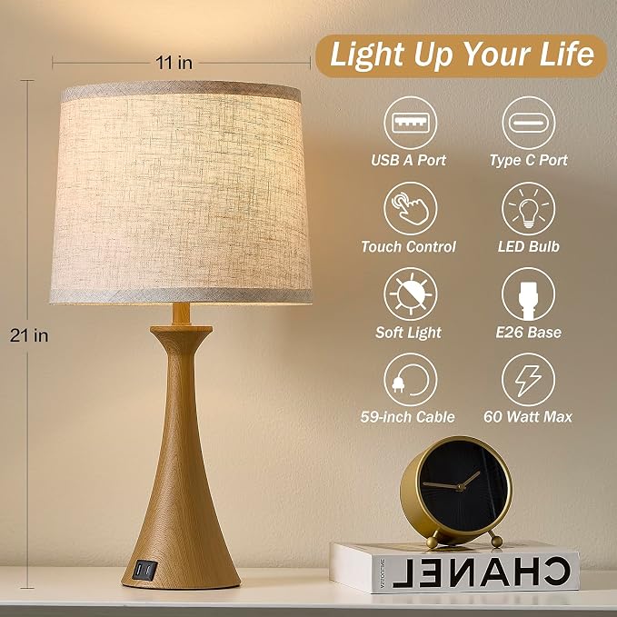Touch Lamp for Living Room Bedroom, 21" Table Lamps Set of 2 with USB C+A Ports and Oatmeal Lamp Shades, Touch Bedside Lamps for Nightstand with 3 Way Dimmable, 2 LED Bulbs Included, Wood Grain