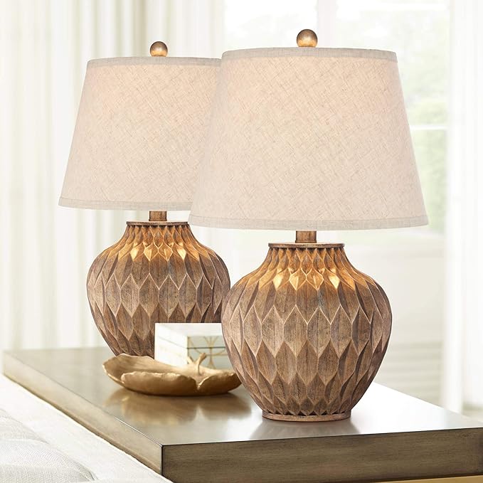 Buckhead Warm Bronze Brown 22" High Table Lamps Set of 2 Geometric | Small Urn Traditional Living Room Bedroom House Bedside Nightstand Home Office Family Tapered Drum Shade