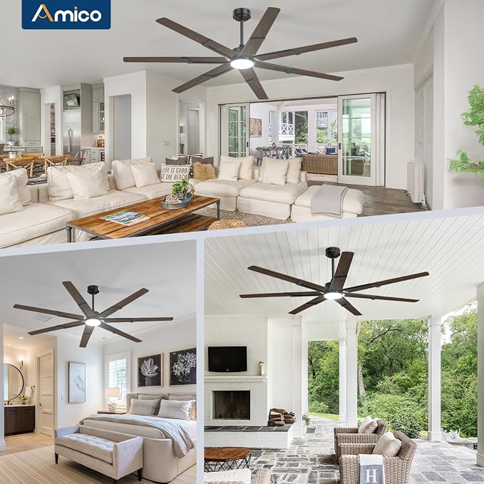 Amico 74 Inch Ceiling Fans with Lights and Remote, Walnut | 6 Speed Reversible DC Motor, 3CCT, Dimmable, Quiet, Timer, Large Modern Ceiling Fan for Living room, Indoor/Outdoor