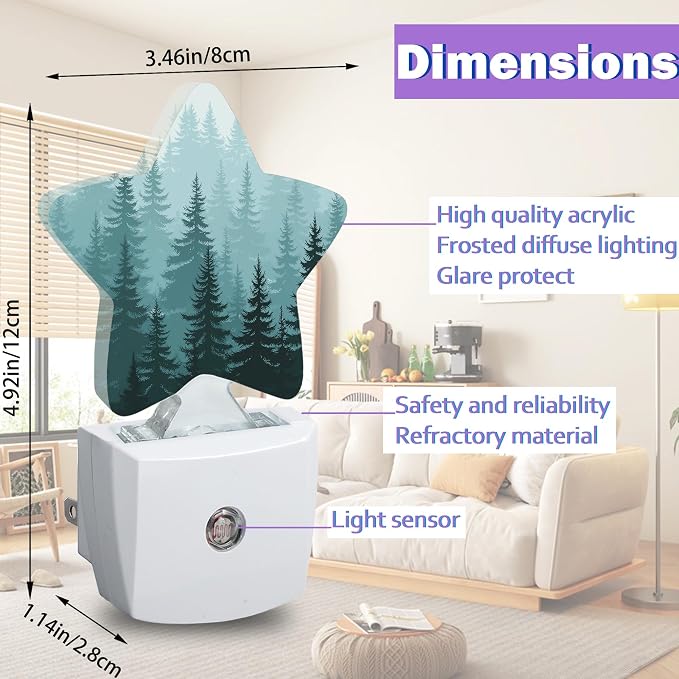 Foggy Fir Forest Night Lights Plug Into Wall,Green Tree Dusk to Dawn Light Sensor Night Light for Kids, Energy Efficient Sleep Friendly Lamp for Bedroom Bathroom Nursery