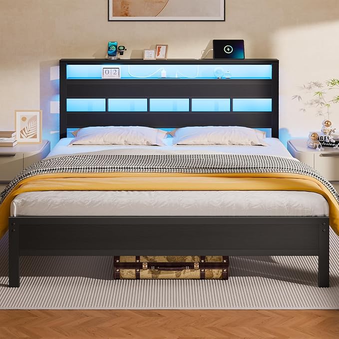 Queen Bed Frame with Storage Headboard and LED Lights, Black Oak | Heavy Duty Metal Slats Support, 2-Tier Wood Shelf, Charging Station:USB & Type-C Ports,Noise-Free,No Box Spring,Easy Assembly