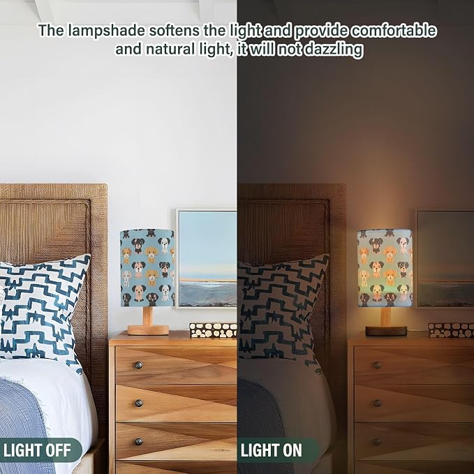 Fustylead Cute Puppy Dogs Blue Bedside Table Lamps with USB Port for Bedroom Lamp Accent Table Lamp Small Nightstand Lamp Sturdy Linen Shade Wooden Base Decorative Lamps for Kids|Reading|Dorm|Home