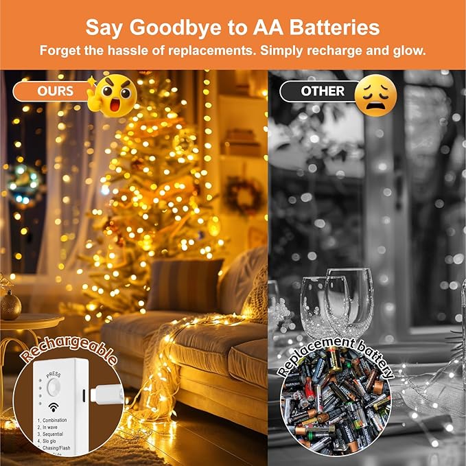 4 Pack Rechargeable Fairy Lights Battery Operated with DIY Timer, 16FT 50 LED Indoor Fairy String Lights, 8 Modes Twinkle Silver Wire Lights for Craft Tree Bedroom Wedding Decor, Warm White