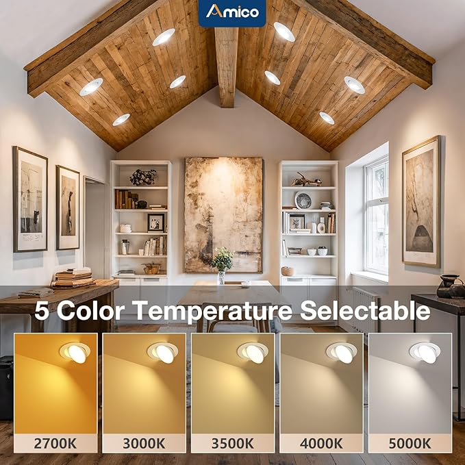 Amico 6 Pack 3 Inch 5CCT Gimbal LED Recessed Lighting, 360°&90°Adjustable Eyeball Directional Downlight, Dimmable, 2700K/3000K/3500K/4000K/5000K Selectable, 8W 600LM CRI90+, ETL&FCC, White