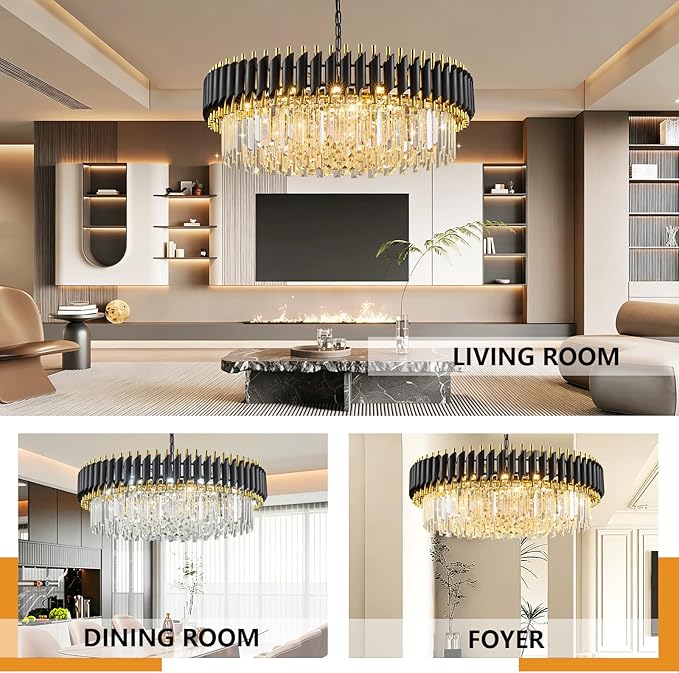 Black and Gold Crystal Chandelier Contemporary Large Crystals Chandeliers 30" with 6-Tier Sparkling K9 Crystals, Chandeliers for Dining Room Living Room Bedroom Foyer