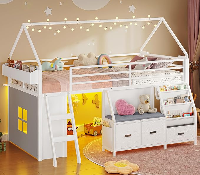 ADORNEVE Low Loft Bed Twin Size with Bookshelf, Reading Nook & 3 Drawers | Kids Loft Bed, LED, Storage Drawers, Beside Box, Under-Bed Play Space,Safety Guardrail, Inclined Ladde, Play Curtain, White