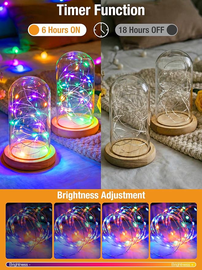 btfarm 4 Pack Fairy Lights Battery Operated with Timer, 16.4 FT 50 LED Silver Wire Twinkle String Lights 8 Modes Dimmable Waterproof for Indoor Christmas Bedroom Wedding Decorations, Multicolor