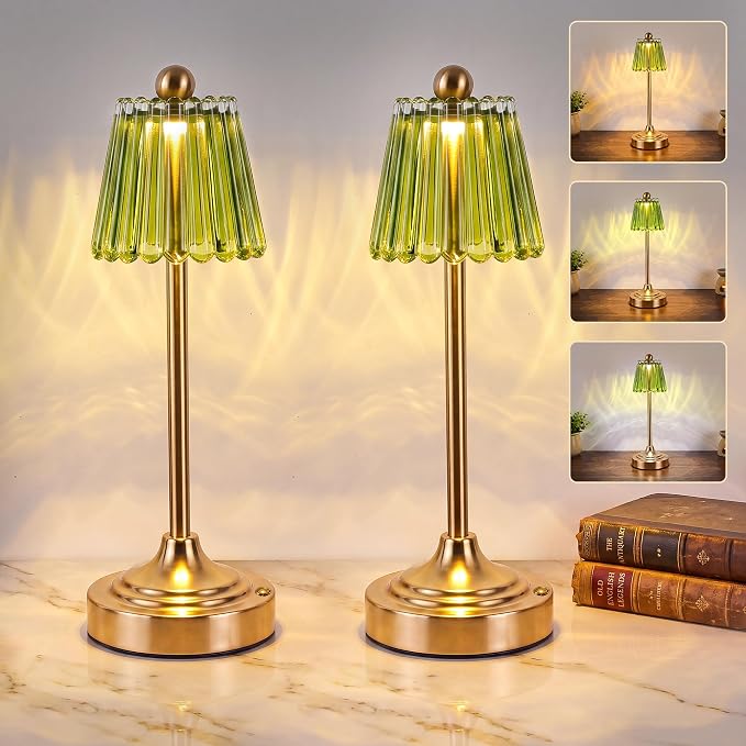 Set of 2 Small Vintage Cordless Table Lamp, Green Glass Shade, 3 Color Dimming,Touch Accent Lamp for Bedroom, Nightstand, Living Room, Kitchen(Green)