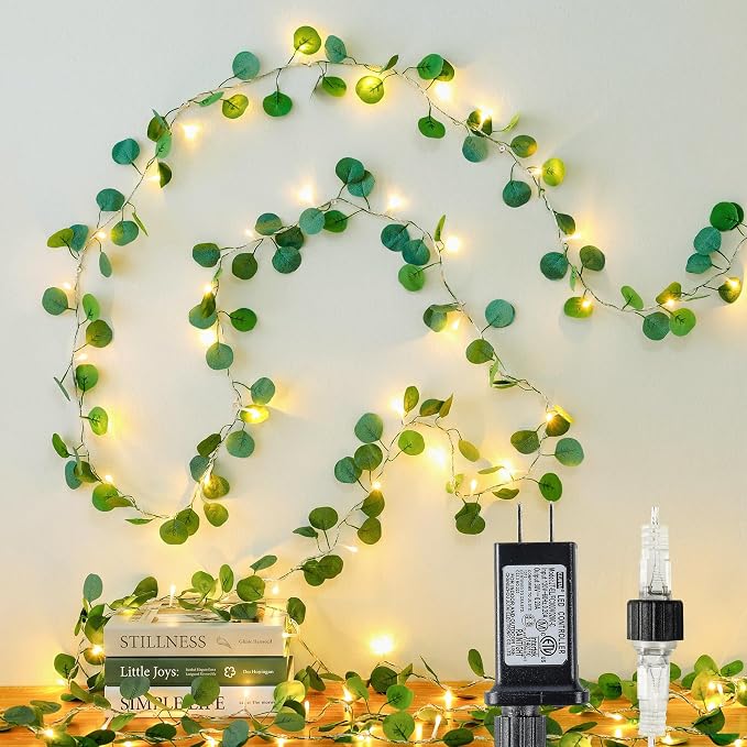 HEYFUNi 23FT Eucalyptus Garland with String Lights, Plug in | 73 Leds, Timer & Memory & 8 Modes, Greenery Eucalyptus Leaf Vine Lights for Bedroom, Wall, Wedding, Party, Summer Dorm Decor