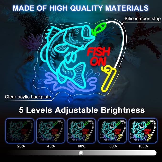 Fish On Neon Sign Dimmable Fish Neon Light for Wall Decor LED USB Powered Fishing Hook Lights for Bedroom Living Room Man Cave Yacht Fishing Art Decor fot Teens Boy Men Gifts