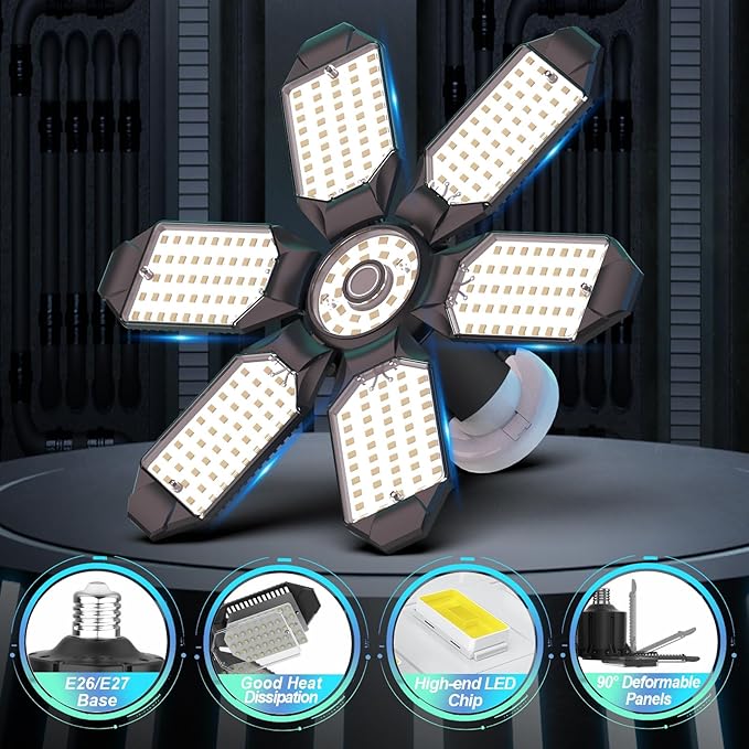 Led Garage Lights 4 Pack 200W Super Bright Ceiling Led Shop Lights, E26/E27 Base, 6500K, 22000LM Deformable Garage Light Ideal for Basement, Attic and Workshop, Commercial Bay Lighting