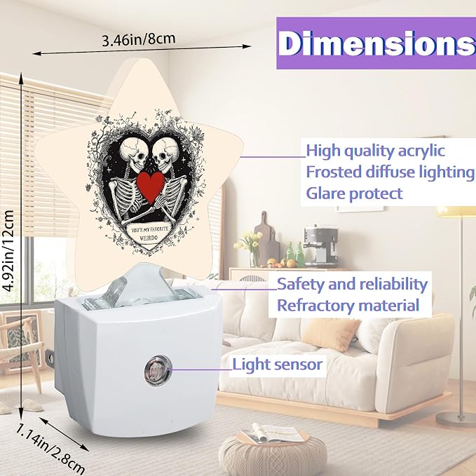 Gothic Skeleton Night Lights Plug Into Wall Decorative,Red Heart Sleep Friendly Lamp, Energy Efficient Dusk-to-Dawn Sensor Nightlights for Kid Bedroom Nursery Bathroom