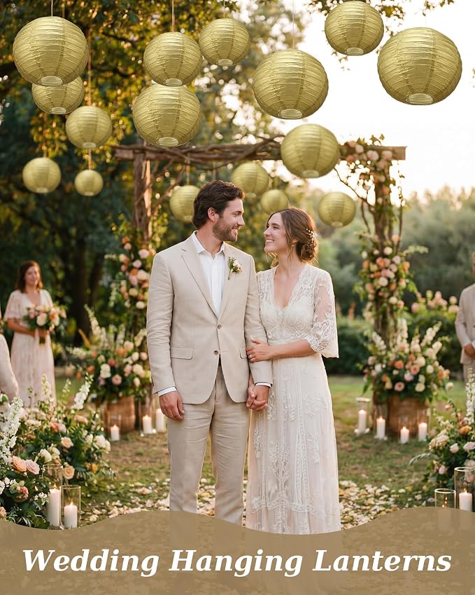 Treela 48 Pcs Paper Lanterns Party Decorations Round,Gold | Chinese Hanging Lamps, Wedding, Party Supplies, Birthday Bridal, 4/6/8/10 Inch, Easy Setup, Asian Decor, Festive Atmosphere
