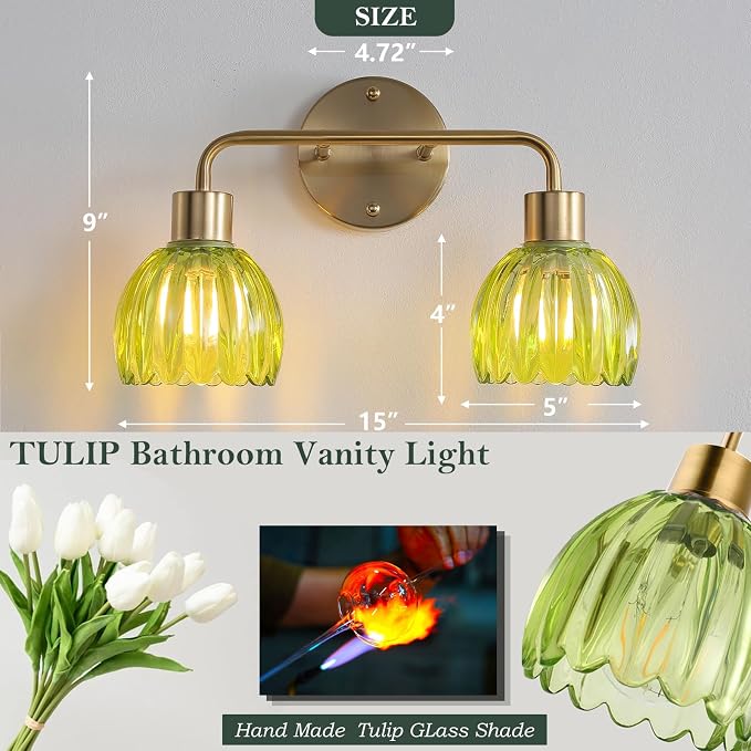 2-Light Gold Brass Bathroom Light Fixture,Wall Sconces,Brushed Gold Vanlity Light Over Mirror,Bathroom Vanity Light with Green Glass Flower Shade,E26 Socket(Bulbs Not Included)