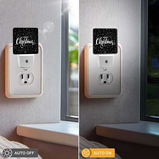 LED Night Light Lamp with Smart Sensor Dusk to Dawn Sensor,Happy Black Vintage Merry Christmas Night Light Daylight White,0.5W Plug-into Wall for Adults,Bedroom,Bathroom,Hallway,Kitchen